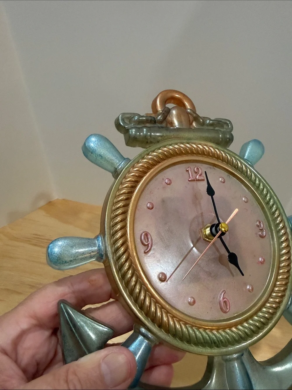 Nautical Anchor Ship Wheel Wall Clock — Bronze and Blue Coastal Accent